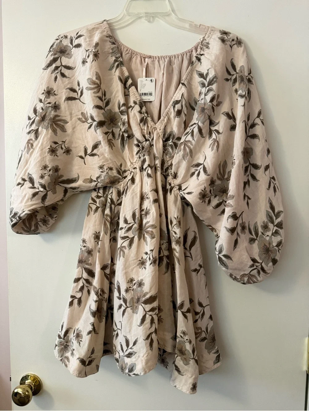 Free People Beige Floral V-Neck Mini Dress